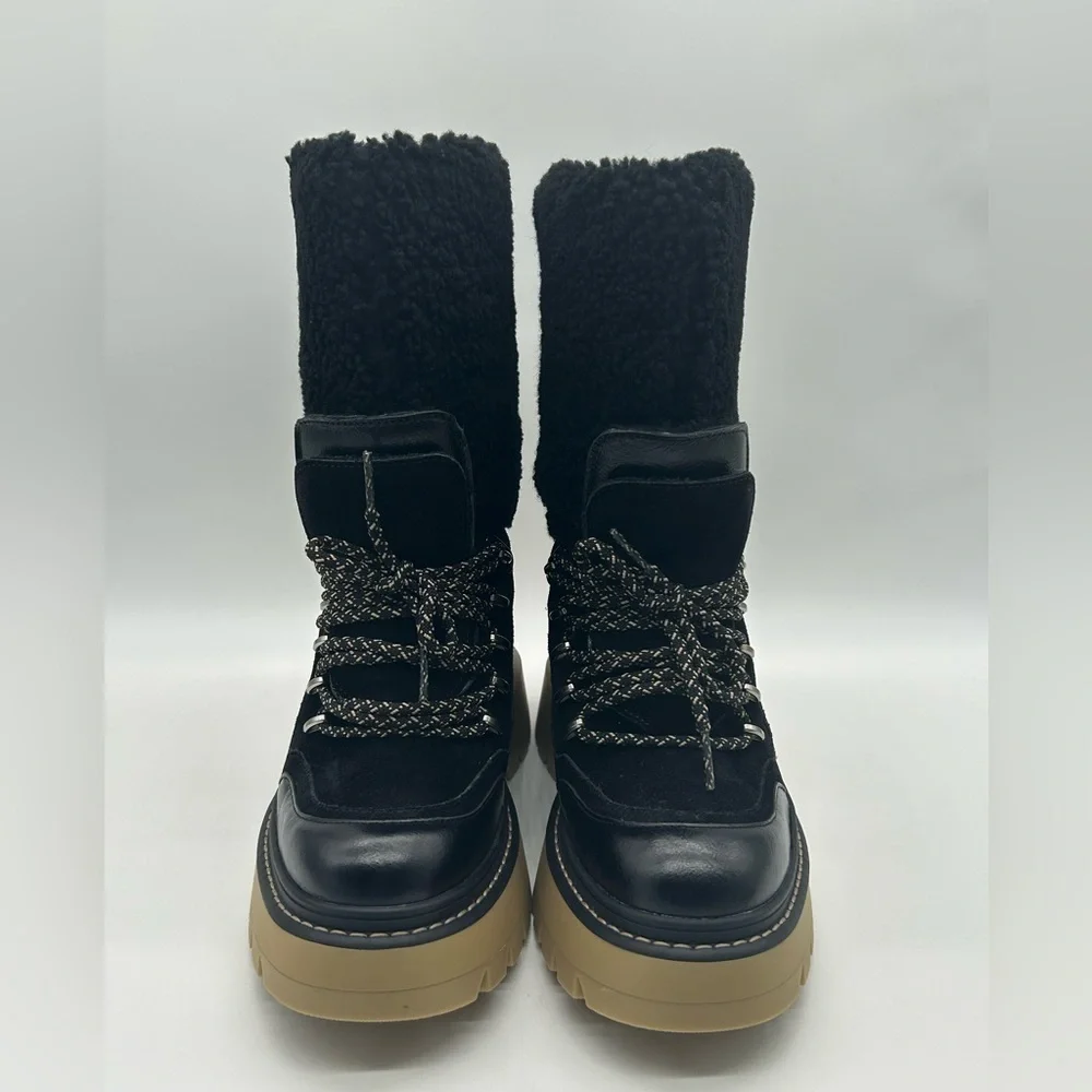 Michael Kors Shiloh Black Leather Faux Shearling Lug Sole Boots US 8.5 NWB